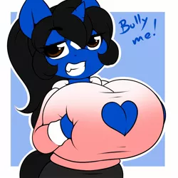 Size: 1500x1500 | Tagged: suggestive, artist:kloudmutt, derpibooru import, oc, oc:klodette, unofficial characters only, anthro, unicorn, abstract background, anthro oc, asking for it, big breasts, boob squish, breasts, clothes, female, huge breasts, impossibly large breasts, lidded eyes, looking at you, mare, open-chest sweater, smiling, smug, solo, solo female, squishy, sweater, text