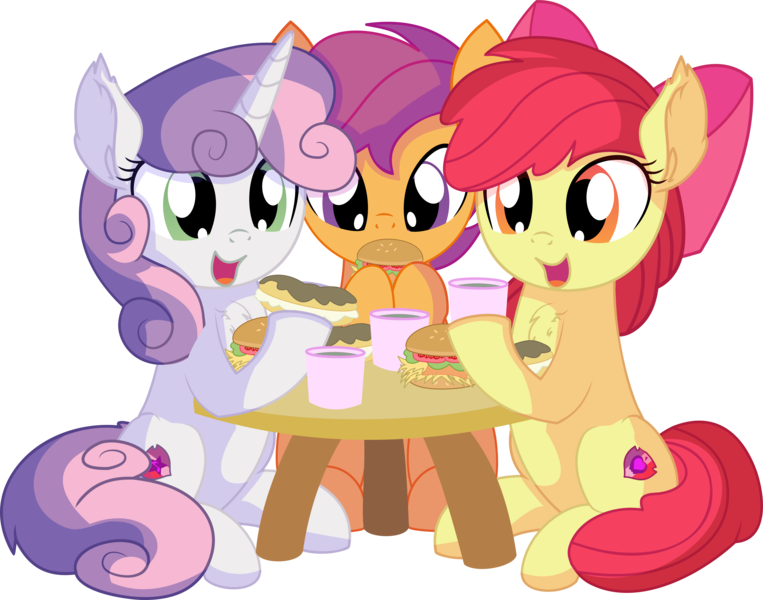 Size: 8070x6342 | Tagged: safe, artist:cyanlightning, derpibooru import, apple bloom, scootaloo, sweetie belle, earth pony, pegasus, pony, unicorn, .svg available, absurd resolution, burger, chest fluff, chocolate, cute, cutie mark, cutie mark crusaders, ear fluff, eating, eclair, female, filly, folded wings, food, hair, hay burger, holding, open mouth, simple background, sitting, table, the cmc's cutie marks, transparent background, trio, trio female, vector, wings