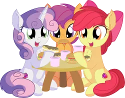 Size: 8070x6342 | Tagged: safe, artist:cyanlightning, derpibooru import, apple bloom, scootaloo, sweetie belle, earth pony, pegasus, pony, unicorn, .svg available, absurd resolution, burger, chest fluff, chocolate, cute, cutie mark, cutie mark crusaders, ear fluff, eating, eclair, female, filly, folded wings, food, hair, hay burger, holding, open mouth, simple background, sitting, table, the cmc's cutie marks, transparent background, trio, trio female, vector, wings