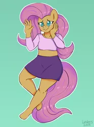 Size: 1926x2600 | Tagged: anthro, artist:leslers, clothes, cute, derpibooru import, female, fluttershy, hands up, legs, mare, midriff, miniskirt, pegasus, safe, short shirt, skirt, smiling, solo, unguligrade anthro