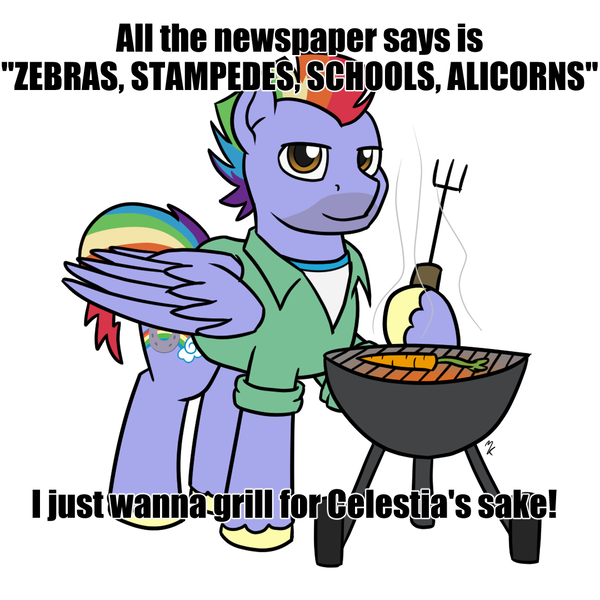 Size: 1080x1080 | Tagged: safe, artist:mkogwheel, derpibooru import, bow hothoof, pegasus, pony, boomer, boomer humor, caption, carrot, food, grill, grill boomer, herbivore, hoof hold, image macro, meme, text, vegetables