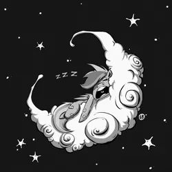 Size: 2000x2000 | Tagged: safe, artist:nekr0ns, derpibooru import, rainbow dash, pony, bandaid, cloud, eyes closed, monochrome, night, onomatopoeia, open mouth, sky, sleeping, snoring, solo, sound effects, stars, zzz