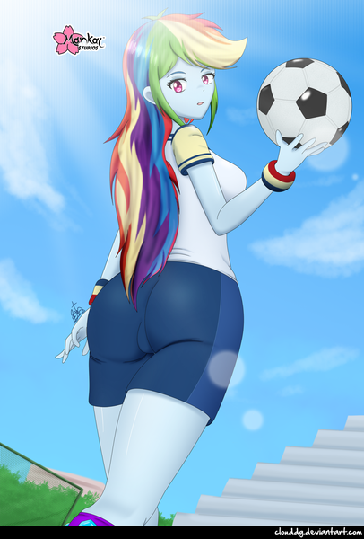 Size: 1381x2040 | Tagged: safe, artist:clouddg, derpibooru import, rainbow dash, equestria girls, equestria girls series, sock it to me, spoiler:choose your own ending (season 2), spoiler:eqg series (season 2), adorasexy, ass, ball, bleachers, butt, clothes, crepuscular rays, cute, female, football, rainbutt dash, sexy, shorts, signature, solo, sports, thighs, wristband