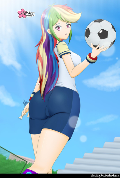 Size: 1381x2040 | Tagged: safe, alternate version, artist:clouddg, derpibooru import, rainbow dash, human, equestria girls, equestria girls series, sock it to me, spoiler:eqg series (season 2), adorasexy, ass, ball, bleachers, breasts, busty rainbow dash, butt, clothes, crepuscular rays, cute, female, football, human coloration, rainbutt dash, sexy, shorts, signature, solo, sports, wristband