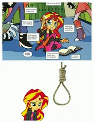 Size: 3106x4096 | Tagged: semi-grimdark, derpibooru import, edit, idw, captain planet, cloudy kicks, golden hazel, sunset shimmer, equestria girls, abuse, anon-a-miss, background pony strikes again, bully, female, implied hanging, noose, shimmerbuse, suicide