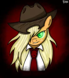 Size: 1683x1905 | Tagged: safe, artist:banquo0, derpibooru import, applejack, earth pony, pony, alternate hairstyle, alucard, bust, crossover, female, freck, freckles, glowing eyes, hellsing, mare, necktie, portrait, smiling, smirk, solo