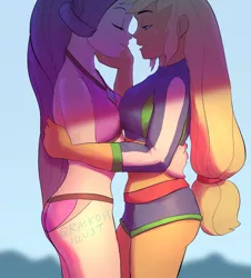 Size: 900x996 | Tagged: safe, artist:raikoh, derpibooru import, applejack, rarity, equestria girls, equestria girls series, forgotten friendship, adorasexy, bikini, clothes, cute, duo, female, lesbian, rarijack, sexy, shipping, swimsuit