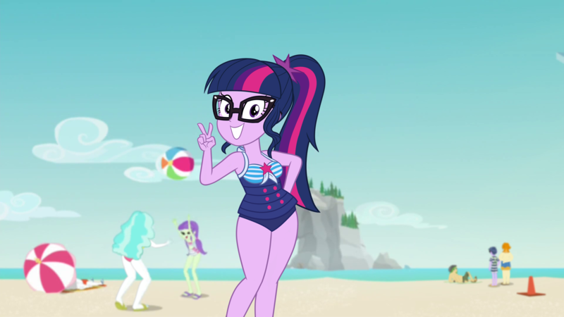 Size: 3840x2160 | Tagged: suggestive, artist:neongothic, derpibooru import, edit, edited screencap, screencap, bulk biceps, microchips, paisley, sandalwood, sci-twi, twilight sparkle, valhallen, equestria girls, equestria girls series, forgotten friendship, beach, breast edit, breasts, chubby, chubby sci-twi, clothes, fat edit, plump, selfie, swimsuit, weight gain