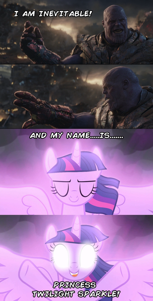 Size: 1280x2517 | Tagged: alicorn, and i am iron man, avengers, avengers: endgame, caption, derpibooru import, edit, edited screencap, image macro, leak, marvel, marvel comics, safe, screencap, spoiler, spoilers for another series, text, thanos, the ending of the end, this will end in death, twilight sparkle, twilight sparkle (alicorn)