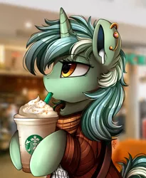 Size: 1446x1764 | Tagged: safe, artist:pridark, derpibooru import, lyra heartstrings, pony, unicorn, airpods, bipedal, bust, caffeine, clothes, drink, ear piercing, female, frappuccino, hoof hold, piercing, portrait, solo, starbucks, sweater