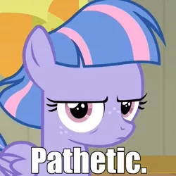 Size: 1024x1024 | Tagged: safe, derpibooru import, edit, edited screencap, screencap, wind sprint, pegasus, pony, common ground, angry, angry eyes, caption, cropped, female, filly, foal, freckles, grumpy, image macro, looking at you, pathetic, reaction image, serious, serious face, solo, text, wind sprint is not amused
