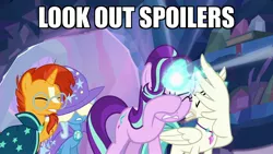 Size: 1920x1080 | Tagged: safe, derpibooru import, edit, edited screencap, screencap, starlight glimmer, sunburst, terramar, trixie, classical hippogriff, hippogriff, unicorn, student counsel, caption, covering eyes, female, hiding behind wing, image macro, male, reaction image, text, treehouse of harmony, wing hands, wings