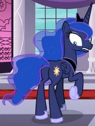 Size: 615x815 | Tagged: safe, derpibooru import, screencap, princess luna, alicorn, pony, a royal problem, butt, cringing, cropped, crown, ethereal mane, eyeshadow, female, flowing mane, folded wings, hoof shoes, jewelry, looking at butt, looking back, makeup, mare, plot, raised hoof, regalia, shrunken pupils, solo, stained glass, swapped cutie marks, wide eyes, wings