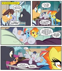 Size: 727x835 | Tagged: safe, artist:nicoletta baldari, derpibooru import, idw, doctor horse, doctor stable, rainbow dash, rumble, scootaloo, spitfire, thunderlane, pony, spoiler:comic, spoiler:comic81, clothes, dr. greymare, uniform, wonderbolts uniform