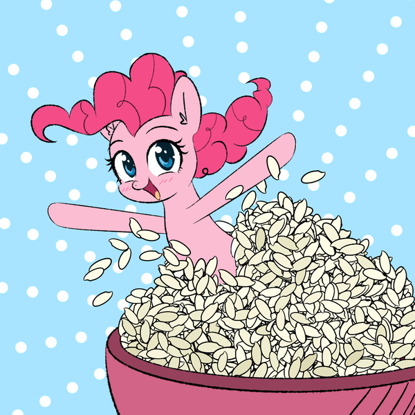 Size: 1000x1000 | Tagged: safe, artist:yinglongfujun, derpibooru import, pinkie pie, earth pony, pony, bowl, food, happy, rice, solo