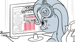 Size: 1280x720 | Tagged: safe, artist:pirill, derpibooru import, trixie, pony, unicorn, angry, computer, griefing, headphones, solo