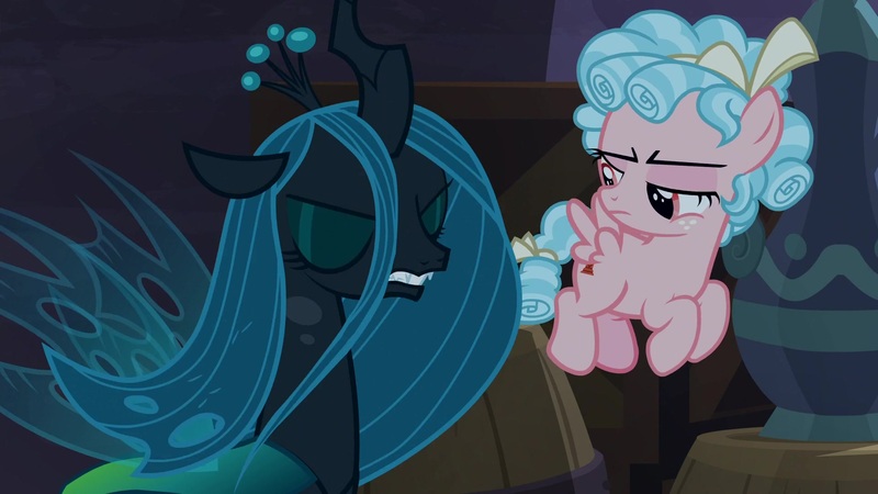 Size: 1920x1080 | Tagged: safe, derpibooru import, screencap, cozy glow, queen chrysalis, changeling, changeling queen, pegasus, pony, the summer sun setback, cozy glow is not amused, duo, duo female, eyes closed, female, filly