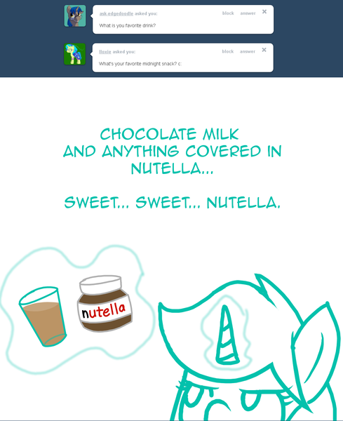 Size: 1024x1256 | Tagged: safe, artist:shadowkixx, derpibooru import, oc, oc:moonlight aria, pony, unicorn, ask sunray smiles, ask, chocolate, chocolate milk, female, food, magic, mare, milk, nutella, solo, tumblr