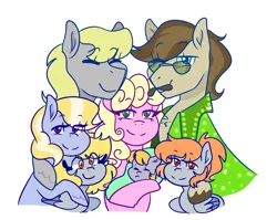 Size: 1280x1020 | Tagged: safe, artist:cubbybatdoodles, derpibooru import, derpy hooves, ditzy doo, oc, pony, baby, baby pony, family, father and child, father and daughter, female, filly, filly derpy, foal, glasses, male, mother and child, mother and daughter, siblings, sisters, younger