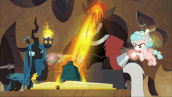 Size: 690x388 | Tagged: alicorn, alicornified, animated, bell, cozycorn, cozy glow, derpibooru import, evil laugh, gif, grogar's bell, laughing, lord tirek, magic, queen chrysalis, race swap, safe, screencap, shadow, spoiler, the ending of the end, transformation, ultimate chrysalis