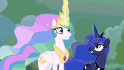 Size: 690x388 | Tagged: animated, beware the nice ones, cozybuse, cozy glow, derpibooru import, discord, gif, just desserts, justice, leak, legion of doom statue, lord tirek, magic, petrification, princess celestia, princess luna, queen chrysalis, safe, screencap, the ending of the end, turned to stone