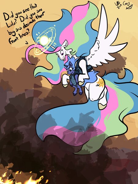 Size: 3072x4096 | Tagged: safe, artist:greyscaleart, derpibooru import, princess celestia, princess luna, alicorn, pony, alternate cutie mark, baby carrier, baby talk, constellation freckles, destruction, dialogue, female, filly, fire, flying, foal carrier, freckles, glowing horn, gun, halo, horn, magic, mood whiplash, royal sisters, smoke, sun, this will end in ptsd, war, weapon, woona, younger