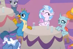 Size: 736x493 | Tagged: safe, derpibooru import, screencap, carrot cake, gallus, maud pie, mudbriar, ocellus, pokey pierce, silverstream, smolder, changedling, changeling, gryphon, hippogriff, the last problem, chest fluff, eyes closed, female, male, maudbriar, offscreen character, shipping, smiling, straight, tail