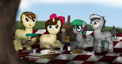 Size: 1334x701 | Tagged: artist:99999999000, basket, derpibooru import, female, filly, food, french fries, grasshopper, insect, oc, oc:benan, oc:li anna, oc:mar baolin, oc:zhang cathy, picnic, picnic basket, picnic blanket, safe, sandwich, zebra, zebra oc