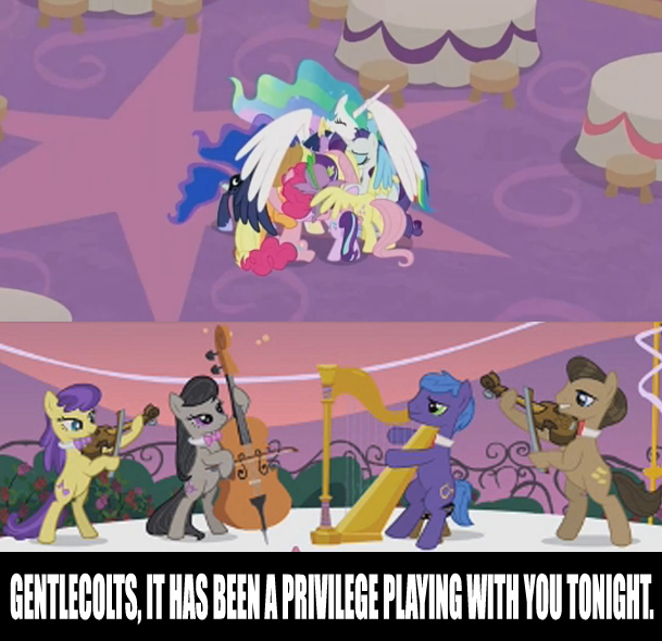 Size: 609x590 | Tagged: safe, derpibooru import, edit, edited screencap, screencap, applejack, concerto, fluttershy, octavia melody, parish nandermane, pinkie pie, princess celestia, princess luna, rainbow dash, rarity, spike, starlight glimmer, symphony, twilight sparkle, twilight sparkle (alicorn), alicorn, earth pony, pegasus, pony, unicorn, the best night ever, the last problem, leak, band, female, group hug, hug, large wings, mane six, mare, meme, nearer my god to thee, titanic, winghug, wings