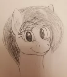 Size: 3024x3488 | Tagged: safe, artist:kalashnikitty, derpibooru import, oc, oc:flugel, pony, black and white, cute, female, grayscale, happy, looking at you, mare, monochrome, pencil drawing, sketch, smiling, smirk, solo, traditional art