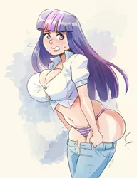 Size: 2875x3741 | Tagged: artist:brellom, big breasts, breasts, busty twilight sparkle, cleavage, clothes, commission, derpibooru import, female, human, humanized, implied breast expansion, implied butt expansion, jeans, panties, pants, purple eyes, purple underwear, solo, solo female, striped underwear, suggestive, sweat, sweatdrop, tight clothing, twilight sparkle, undersized clothes, underwear
