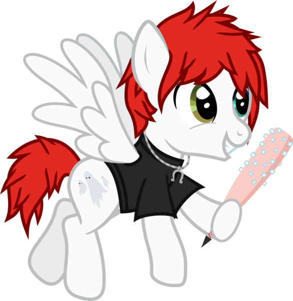 Size: 1150x1179 | Tagged: safe, artist:lightningbolt, derpibooru import, ponified, pegasus, pony, .svg available, awsten knight, baseball bat, clothes, crossover, dyed mane, dyed tail, flying, heterochromia, hoof hold, jewelry, male, necklace, shirt, simple background, smiling, solo, spread wings, stallion, svg, t-shirt, toothbat, transparent background, vector, waterparks, wings