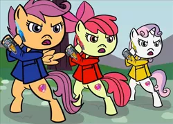 Size: 640x457 | Tagged: safe, artist:redstriker23424, derpibooru import, edit, apple bloom, scootaloo, sweetie belle, pony, blue ranger, cutie mark crusaders, morpher, morphing, power rangers, power rangers beast morphers, red ranger, tokumei sentai go-busters, yellow ranger