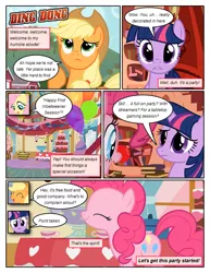 Size: 612x792 | Tagged: safe, artist:newbiespud, derpibooru import, edit, edited screencap, screencap, fluttershy, pinkie pie, twilight sparkle, earth pony, pegasus, pony, unicorn, comic:friendship is dragons, balloon, book, bookshelf, cake, comic, cowboy hat, dialogue, eyes closed, female, food, freckles, golden oaks library, hat, hooves, horn, looking up, mare, onomatopoeia, open mouth, punch (drink), punch bowl, red nose, screencap comic, smiling, sugarcube corner, sweet apple acres, unicorn twilight