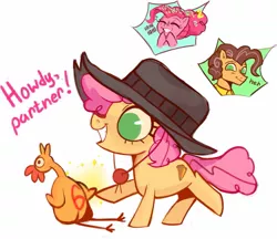 Size: 1249x1080 | Tagged: safe, artist:switchsugar, derpibooru import, boneless, boneless 6, cheese sandwich, li'l cheese, pinkie pie, bird, chicken, earth pony, pony, the last problem, canon ship, cheesepie, clothes, female, filly, hat, male, mama pinkie, mare, no pupils, shipping, simple background, stallion, straight, white background