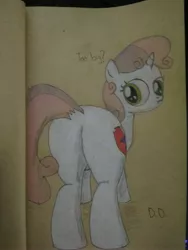 Size: 3120x4160 | Tagged: safe, artist:anonymous, derpibooru import, sweetie belle, pony, unicorn, butt, concerned, cutie mark, dock, female, filly, foal, looking at you, looking back, looking back at you, pencil drawing, plot, rear view, solo, sweetie butt, the cmc's cutie marks, thick, traditional art