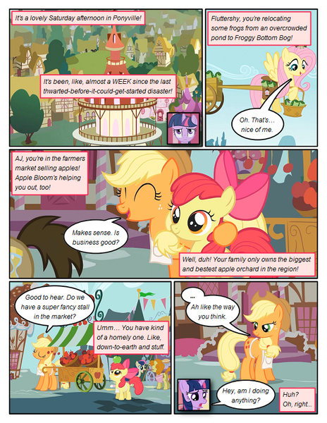 Size: 612x792 | Tagged: safe, artist:newbiespud, derpibooru import, edit, edited screencap, screencap, apple bloom, applejack, bon bon, carrot top, doctor whooves, fluttershy, golden harvest, sweetie drops, time turner, twilight sparkle, pony, unicorn, comic:friendship is dragons, apple, bag, basket, bow, comic, dialogue, eyes closed, female, filly, flying, food, freckles, hair bow, harness, hat, male, mare, saddle bag, screencap comic, side hug, smiling, stallion, tack, transcript in description, unicorn twilight