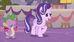 Size: 600x338 | Tagged: safe, derpibooru import, screencap, spike, starlight glimmer, dragon, the last problem, leak, animated, cute, duo, female, gif, male, mare, present, winged spike, wings