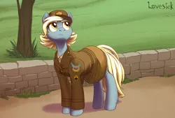 Size: 2513x1703 | Tagged: safe, artist:prismspark, derpibooru import, oc, oc:lovesick, earth pony, pony, before and after, clothes, cyoa:unique quest, imminent transformation, military, military uniform, uniform
