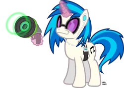 Size: 1841x1321 | Tagged: safe, artist:anime-equestria, derpibooru import, vinyl scratch, unicorn, belt, crossover, earbuds, female, headphones, horn, lucio, magic, mp3 player, overwatch, smiling, smug, solo, sunglasses, weapon