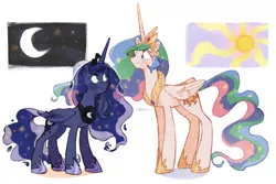 Size: 950x635 | Tagged: safe, artist:dai-san31, artist:daisanfar, derpibooru import, princess celestia, princess luna, alicorn, pony, blushing, cute, duo, female, looking at each other, mare, moon, royal sisters, simple background, sun, white background