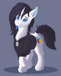 Size: 2650x3300 | Tagged: safe, artist:batsdisaster, derpibooru import, oc, oc:leesys, unofficial characters only, bat pony, pony, unicorn, bat ponified, blue eyes, blue tongue, clothes, fangs, female, hoodie, mare, race swap, tongue out