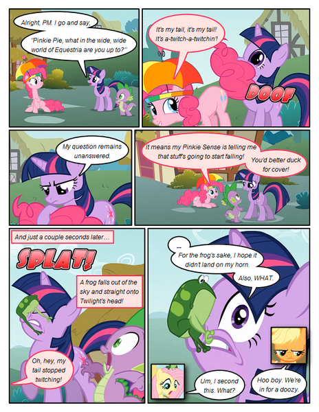 Size: 612x792 | Tagged: safe, artist:newbiespud, derpibooru import, edit, edited screencap, screencap, applejack, fluttershy, pinkie pie, spike, twilight sparkle, dragon, earth pony, frog, pegasus, pony, unicorn, comic:friendship is dragons, comic, dialogue, female, frown, hat, male, mare, onomatopoeia, screencap comic, slit eyes, umbrella hat, unicorn twilight