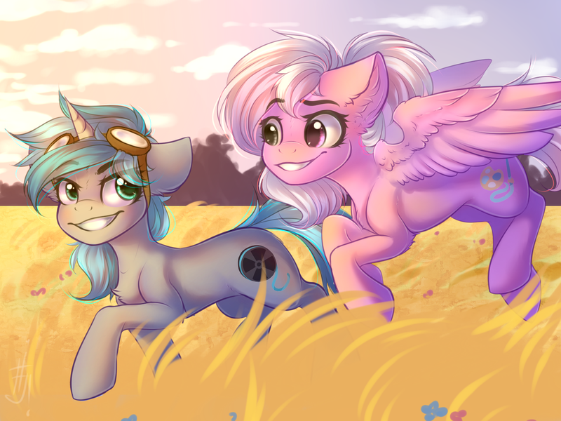 Size: 1600x1200 | Tagged: safe, artist:falafeljake, derpibooru import, oc, oc:mona squiggles, oc:rym, unofficial characters only, pegasus, pony, unicorn, flying, goggles, heterochromia, siblings