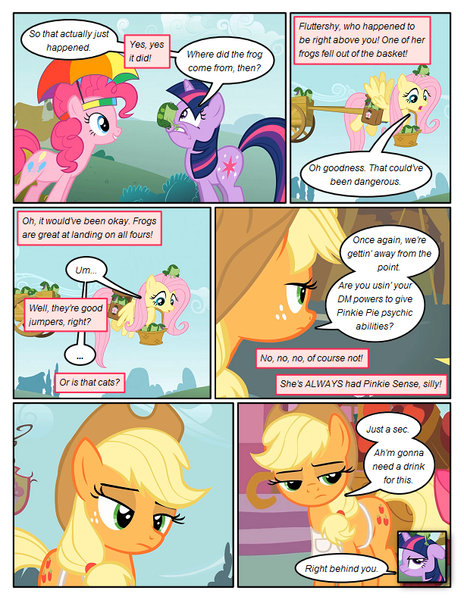 Size: 612x792 | Tagged: safe, artist:newbiespud, derpibooru import, edit, edited screencap, screencap, applejack, fluttershy, pinkie pie, twilight sparkle, earth pony, frog, pegasus, pony, unicorn, comic:friendship is dragons, bag, comic, dialogue, female, flying, freckles, harness, hat, mare, saddle bag, screencap comic, tack, umbrella hat, unamused, unicorn twilight, wagon