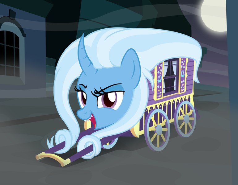 Size: 2850x2221 | Tagged: safe, artist:badumsquish, derpibooru import, trixie, ponified, monster pony, object pony, oboroguruma, original species, pony, youkai, canterlot, cart, curtains, curved horn, dark, dreamworks face, female, fog, frown, full moon, grin, has science gone too far?, horn, looking at you, mare, moon, night, not salmon, open mouth, prehensile mane, sharp teeth, show accurate, smiling, smug, species swap, spooky, street, teeth, trixie's wagon, wat, what has magic done, window