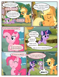 Size: 612x792 | Tagged: safe, artist:newbiespud, derpibooru import, edit, edited screencap, screencap, applejack, pinkie pie, spike, twilight sparkle, dragon, earth pony, pony, unicorn, comic:friendship is dragons, annoyed, comic, dialogue, exclamation point, eyes closed, female, freckles, hat, implied fluttershy, interrobang, male, mare, offscreen character, one eye closed, question mark, screencap comic, unicorn twilight, wink