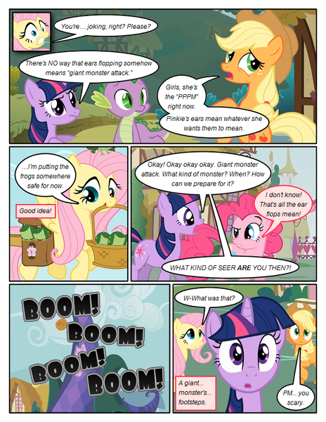 Size: 612x792 | Tagged: safe, artist:newbiespud, derpibooru import, edit, edited screencap, screencap, applejack, fluttershy, pinkie pie, spike, twilight sparkle, dragon, earth pony, frog, pegasus, pony, unicorn, comic:friendship is dragons, bag, basket, comic, dialogue, female, flying, freckles, hat, male, mare, mouth hold, onomatopoeia, rearing, saddle bag, screencap comic, slit eyes, unamused, unicorn twilight