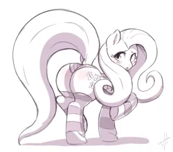 Size: 3900x3426 | Tagged: suggestive, artist:cewljoke, derpibooru import, fluttershy, pegasus, pony, blushing, butt, butt blush, clothes, cutie mark, dock, female, flutterbutt, panties, plot, raised hoof, raised tail, simple background, socks, solo, solo female, standing, striped socks, tail, the void, underwear, white background