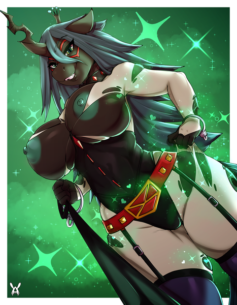 Size: 2625x3375 | Tagged: questionable, alternate version, artist:avante92, derpibooru import, queen chrysalis, anthro, breasts, busty queen chrysalis, clothes, cosplay, costume, female, femdom, image, leash, looking at you, midnight (my hero academia), my hero academia, nemuri kayama, nipples, nudity, offscreen character, png, pov, solo, solo female, submissive pov, torn clothes, viewer on leash